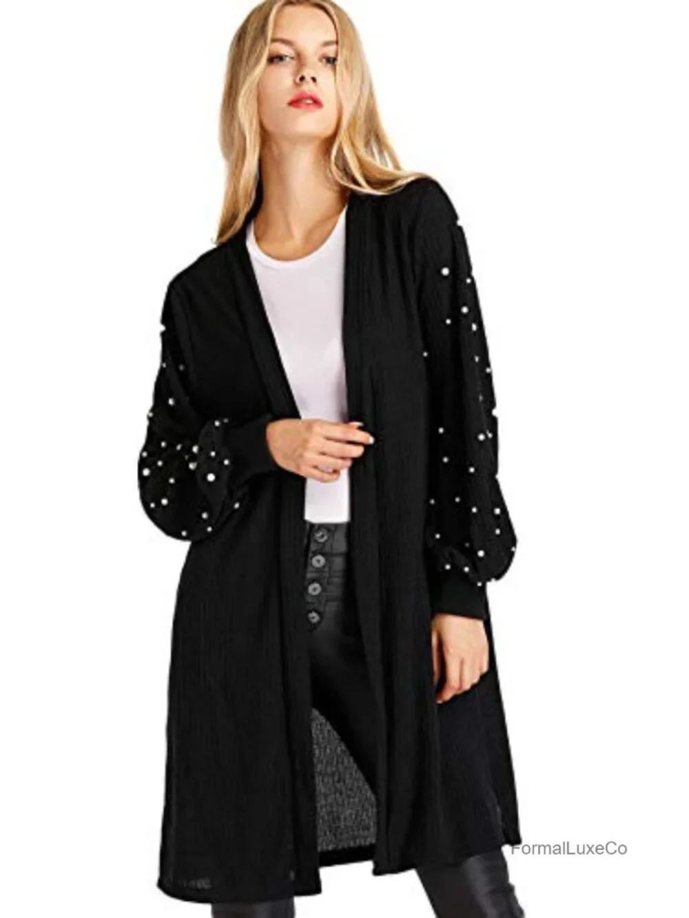 Open Front Pearl Beading Lantern Sleeve Long Cardigan Sweater